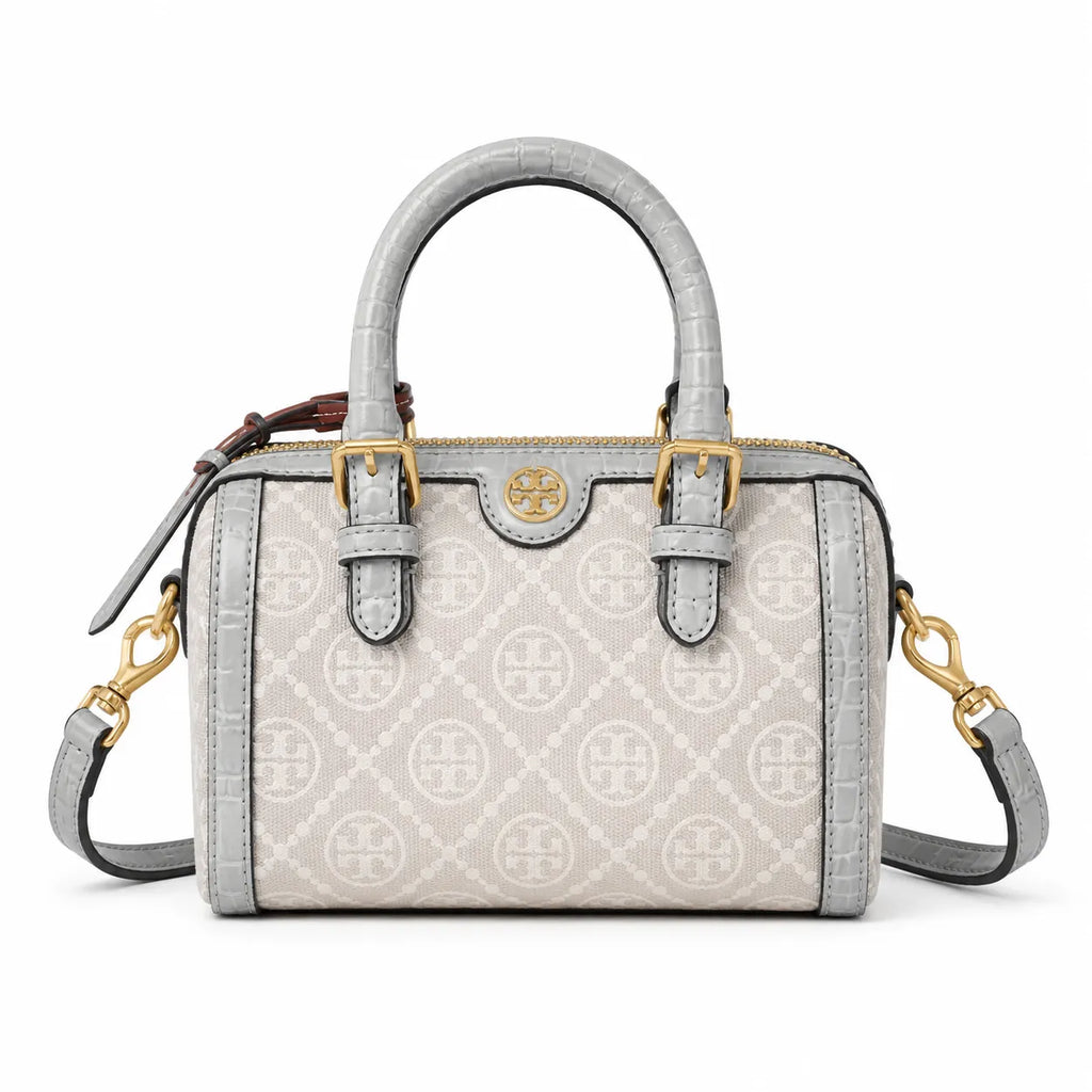 Tory Burch T Monogram | Cloud Grey Canvas with Crocodile Embossed Leather Trim, Iconic Double T Logo  Women's Designer Handbag