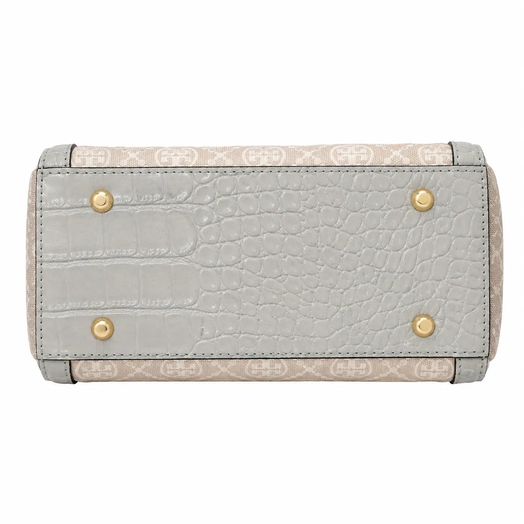 Tory Burch T Monogram | Cloud Grey Canvas with Crocodile Embossed Leather Trim, Iconic Double T Logo  Women's Designer Handbag