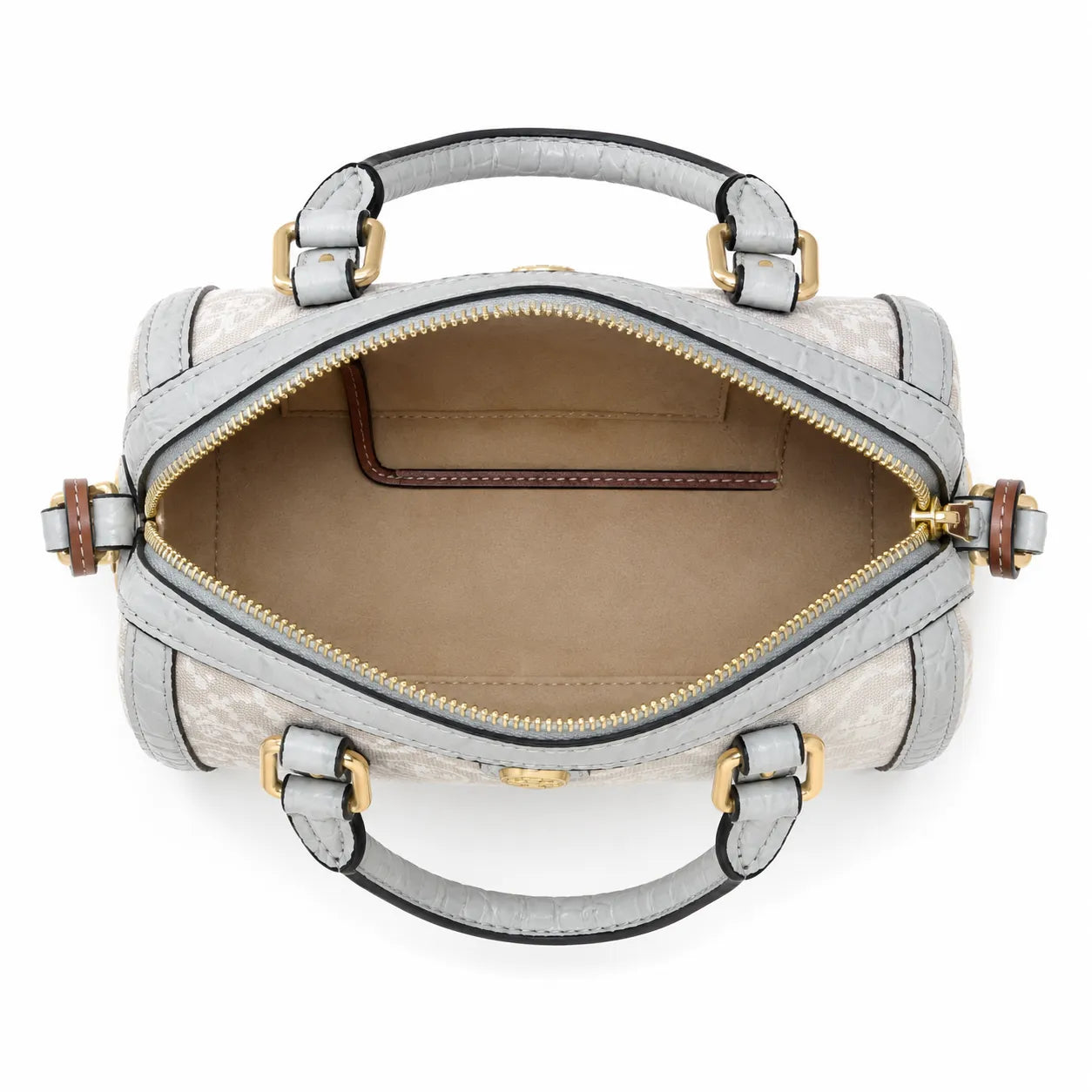 Tory Burch T Monogram | Cloud Grey Canvas with Crocodile Embossed Leather Trim, Iconic Double T Logo  Women's Designer Handbag