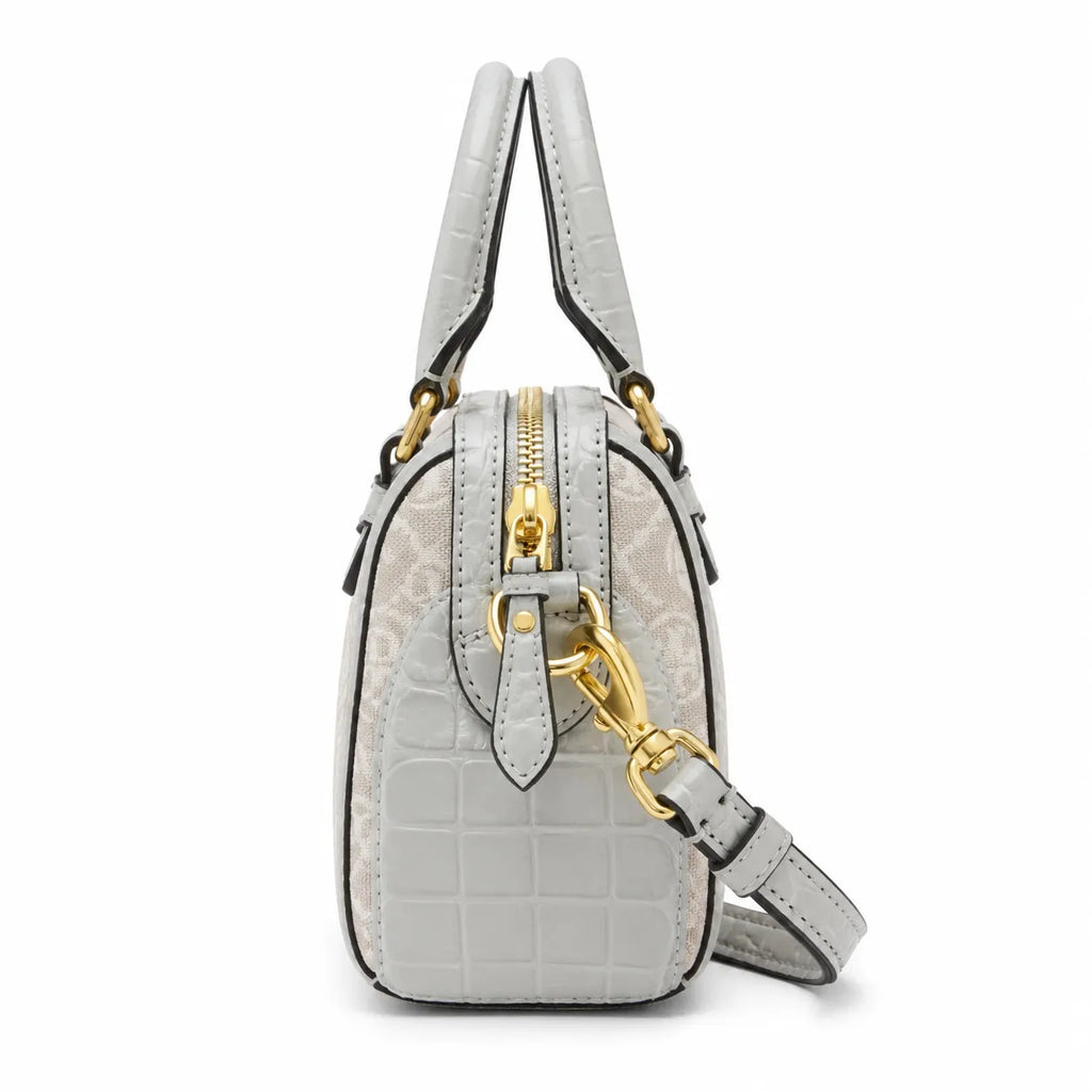 Tory Burch T Monogram | Cloud Grey Canvas with Crocodile Embossed Leather Trim, Iconic Double T Logo  Women's Designer Handbag