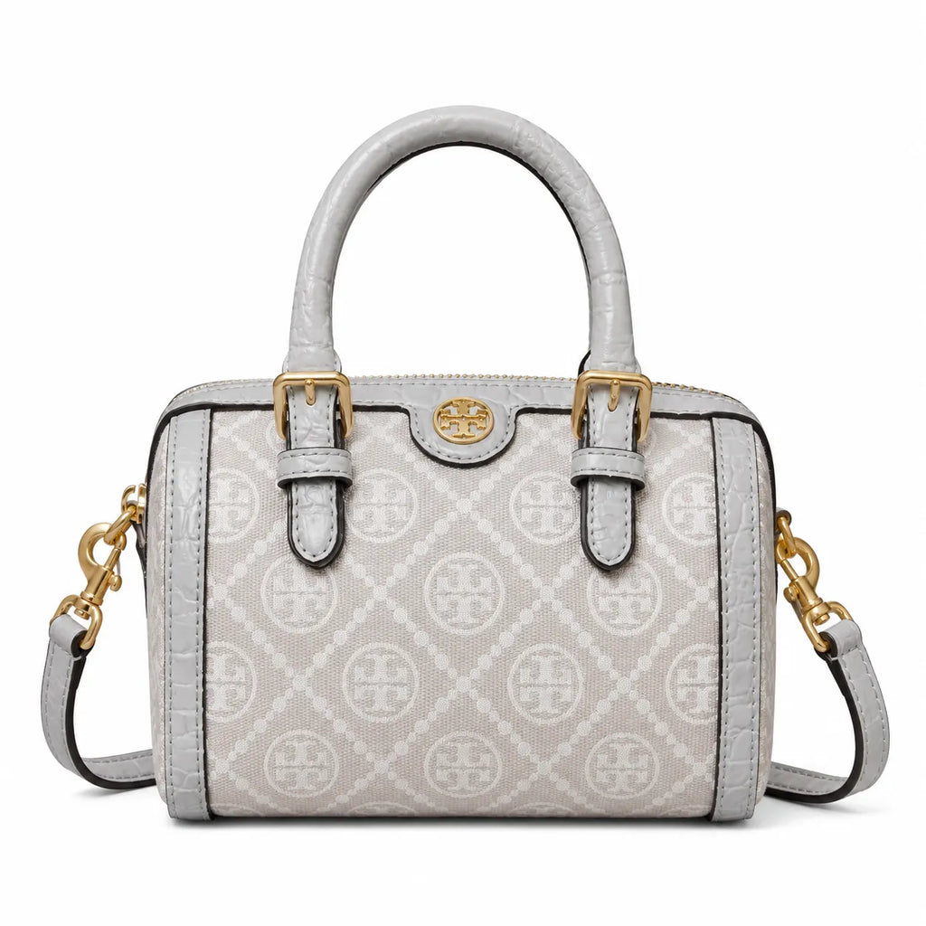 Tory Burch T Monogram | Cloud Grey Canvas with Crocodile Embossed Leather Trim, Iconic Double T Logo  Women's Designer Handbag
