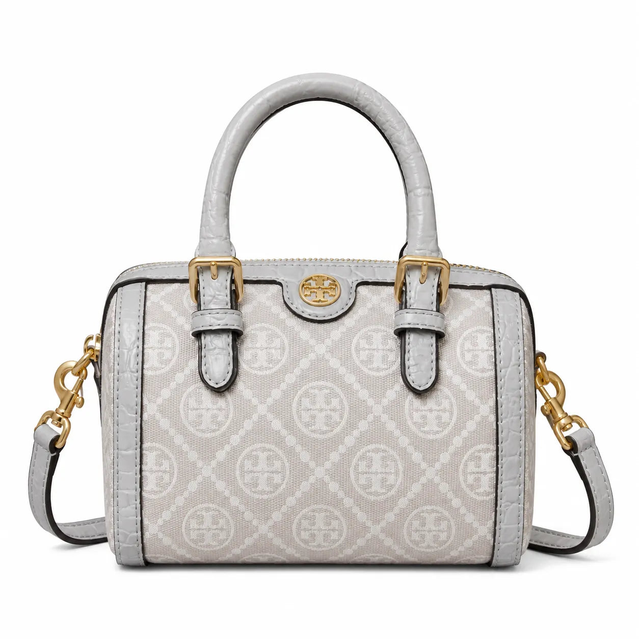 Tory Burch T Monogram | Cloud Grey Canvas with Crocodile Embossed Leather Trim, Iconic Double T Logo  Women's Designer Handbag