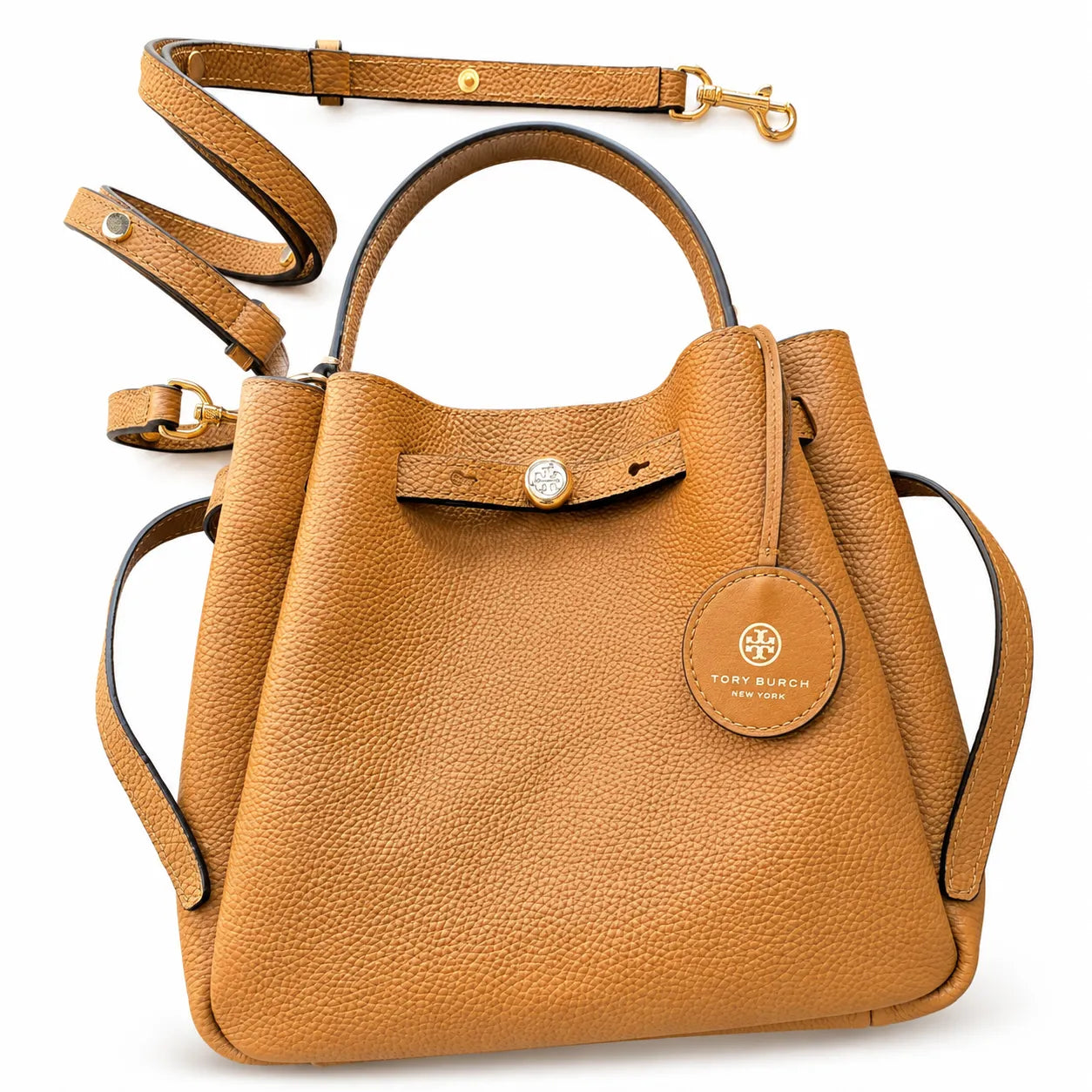 Tory Burch Romy | Tiramisu pebbled leather with adjustable shoulder strap and top handle women's designer handbag
