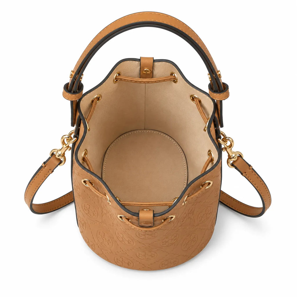 Tory Burch T Monogram | Tan pebbled leather with embossed logo  gold drawstring closure  women's designer handbag