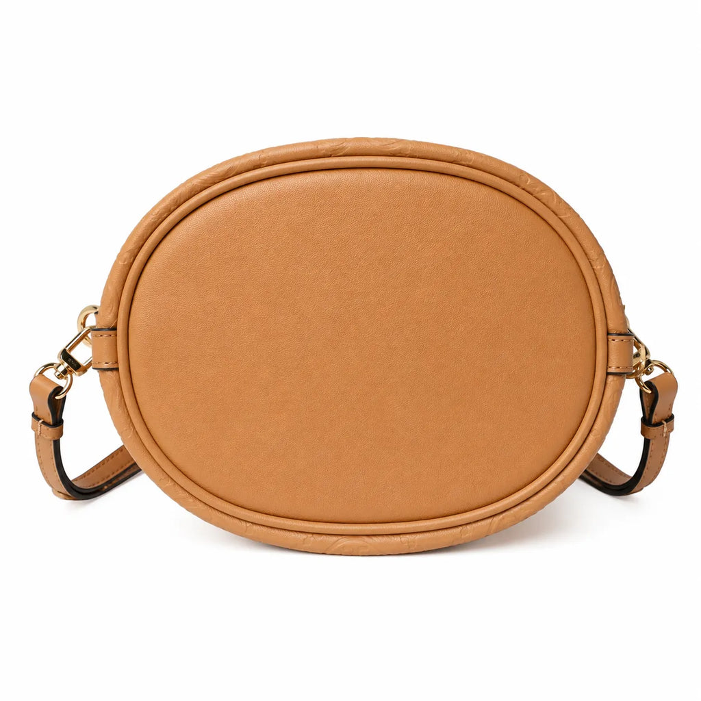 Tory Burch T Monogram | Tan pebbled leather with embossed logo  gold drawstring closure  women's designer handbag