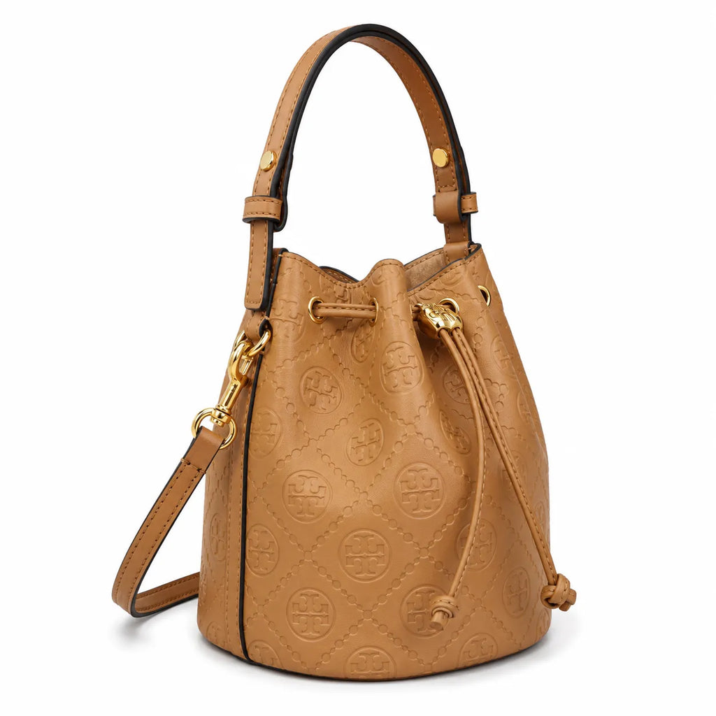 Tory Burch T Monogram | Tan pebbled leather with embossed logo  gold drawstring closure  women's designer handbag