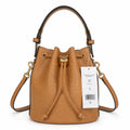 Tory Burch T Monogram | Tan pebbled leather with embossed logo  gold drawstring closure  women's designer handbag