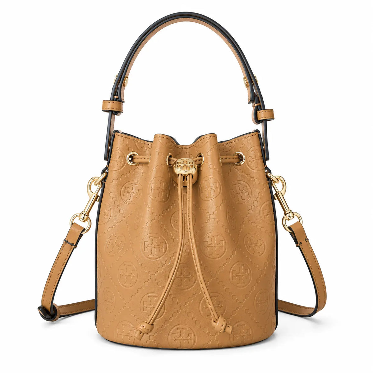 Tory Burch T Monogram | Tan pebbled leather with embossed logo  gold drawstring closure  women's designer handbag