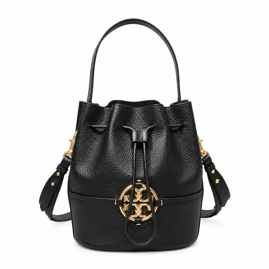 Tory Burch Miller | Black pebbled leather with a gold double-T logo  woven shoulder strap drawstring closure  women's designer