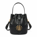 Tory Burch Miller | Black pebbled leather with a gold double-T logo  woven shoulder strap drawstring closure  women's designer