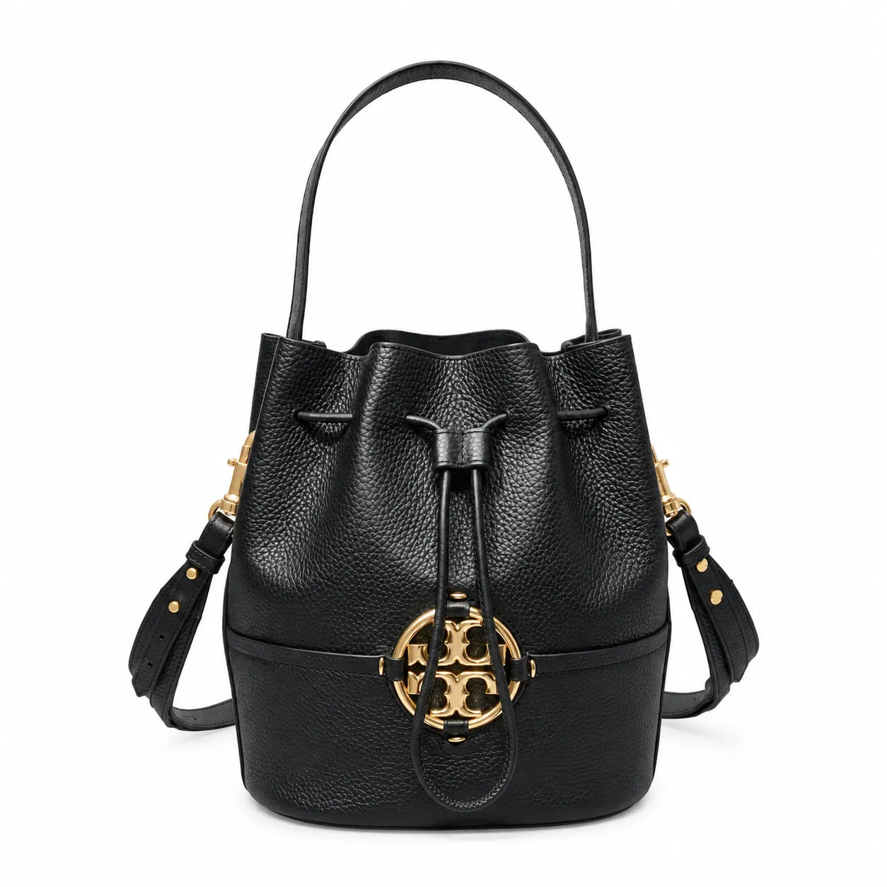 Tory Burch Miller | Black pebbled leather with a gold double-T logo  woven shoulder strap drawstring closure  women's designer
