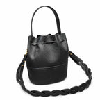 Tory Burch Miller | Black pebbled leather with a gold double-T logo  woven shoulder strap drawstring closure  women's designer