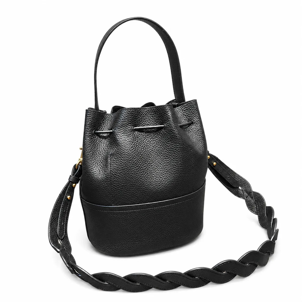 Tory Burch Miller | Black pebbled leather with a gold double-T logo  woven shoulder strap drawstring closure  women's designer