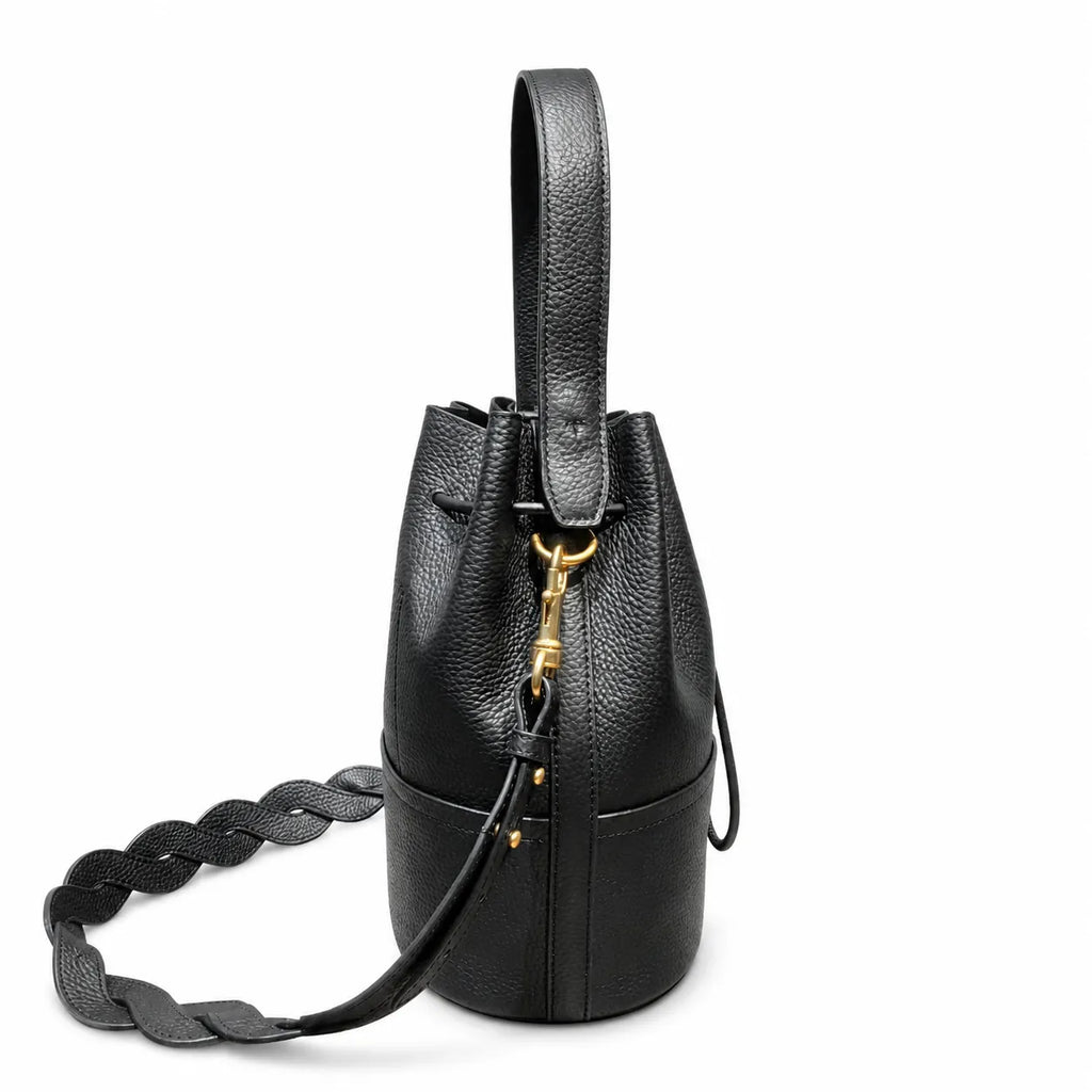 Tory Burch Miller | Black pebbled leather with a gold double-T logo  woven shoulder strap drawstring closure  women's designer