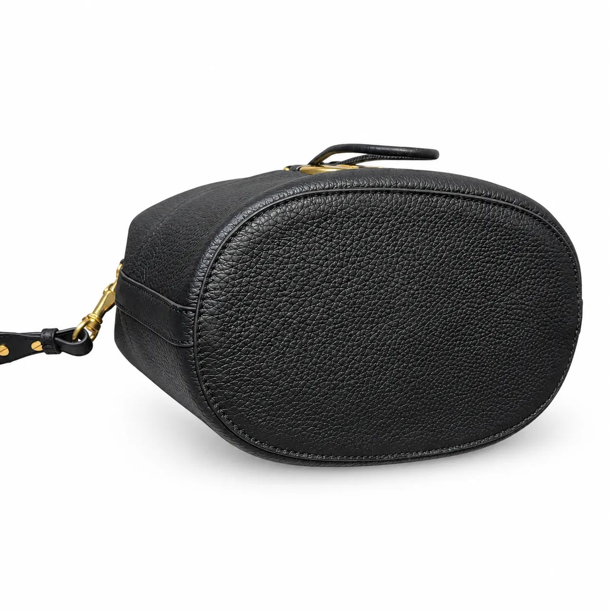 Tory Burch Miller | Black pebbled leather with a gold double-T logo  woven shoulder strap drawstring closure  women's designer