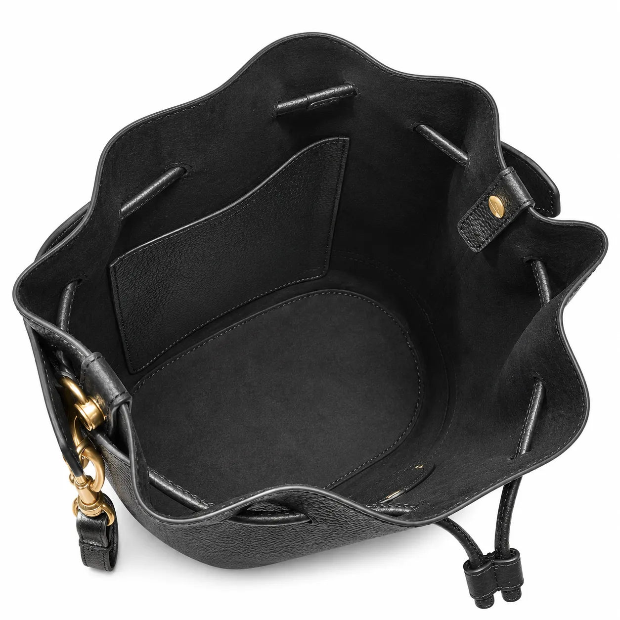 Tory Burch Miller | Black pebbled leather with a gold double-T logo  woven shoulder strap drawstring closure  women's designer