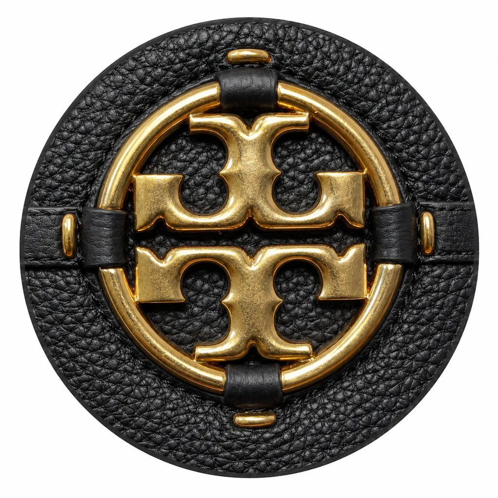Tory Burch Miller | Black pebbled leather with a gold double-T logo  woven shoulder strap drawstring closure  women's designer
