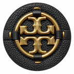 Tory Burch Miller | Black pebbled leather with a gold double-T logo  woven shoulder strap drawstring closure  women's designer