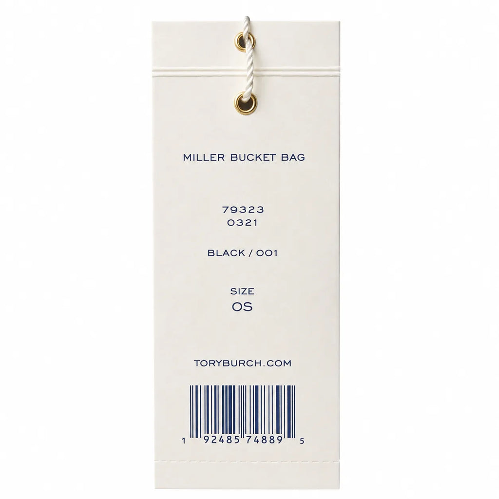 Tory Burch Miller | Black pebbled leather with a gold double-T logo  woven shoulder strap drawstring closure  women's designer