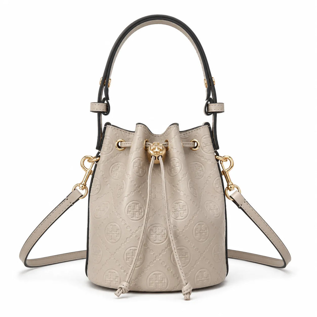 Tory Burch T Monogram | Grey-brown embossed logo gold drawstring closure adjustable shoulder strap women's designer handbag