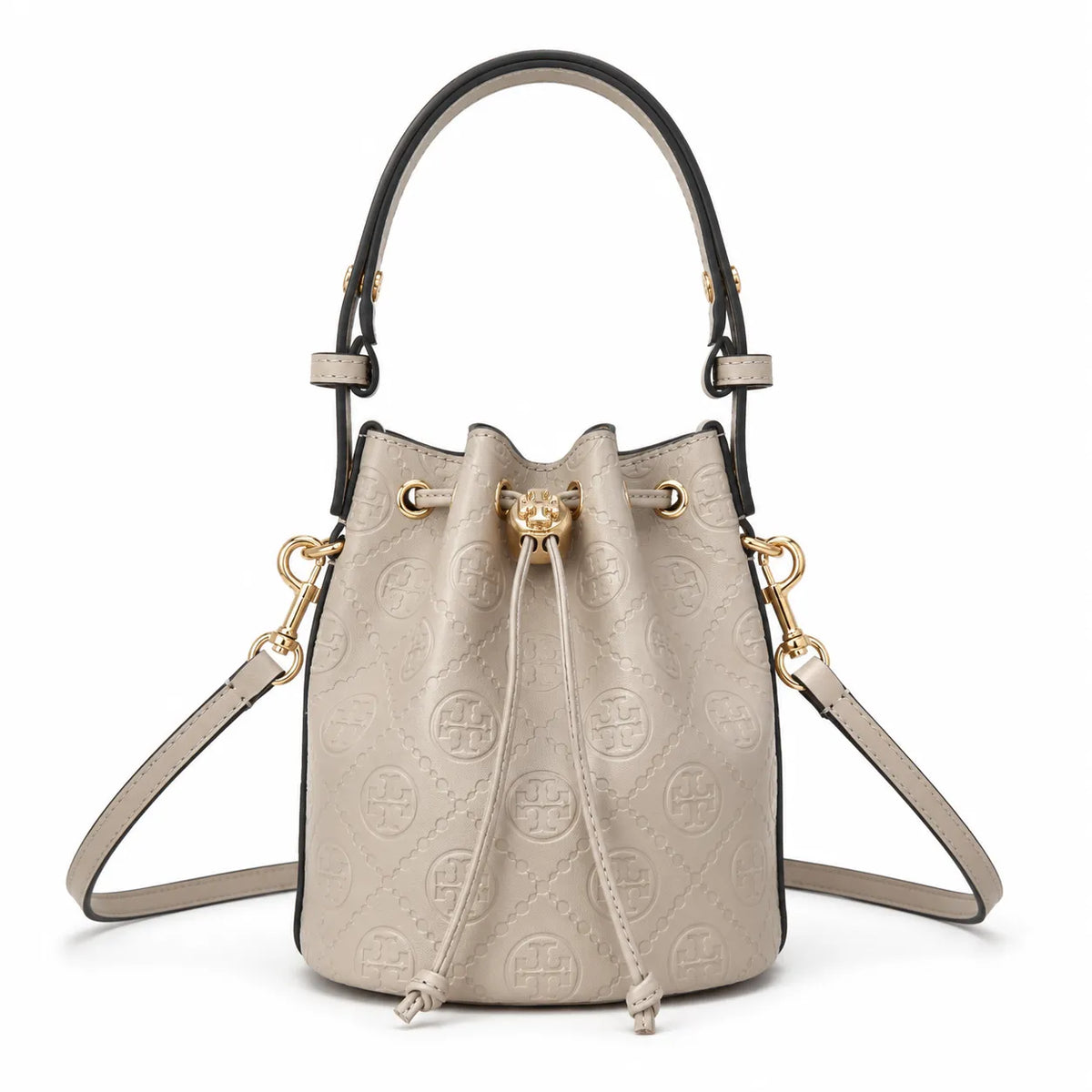 Tory Burch T Monogram | Grey-brown embossed logo gold drawstring closure adjustable shoulder strap women's designer handbag