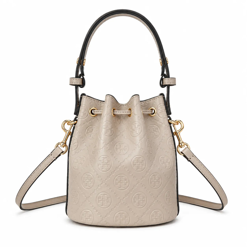 Tory Burch T Monogram | Grey-brown embossed logo gold drawstring closure adjustable shoulder strap women's designer handbag
