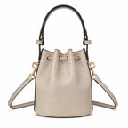 Tory Burch T Monogram | Grey-brown embossed logo gold drawstring closure adjustable shoulder strap women's designer handbag