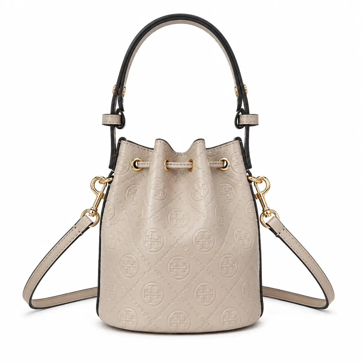 Tory Burch T Monogram | Grey-brown embossed logo gold drawstring closure adjustable shoulder strap women's designer handbag