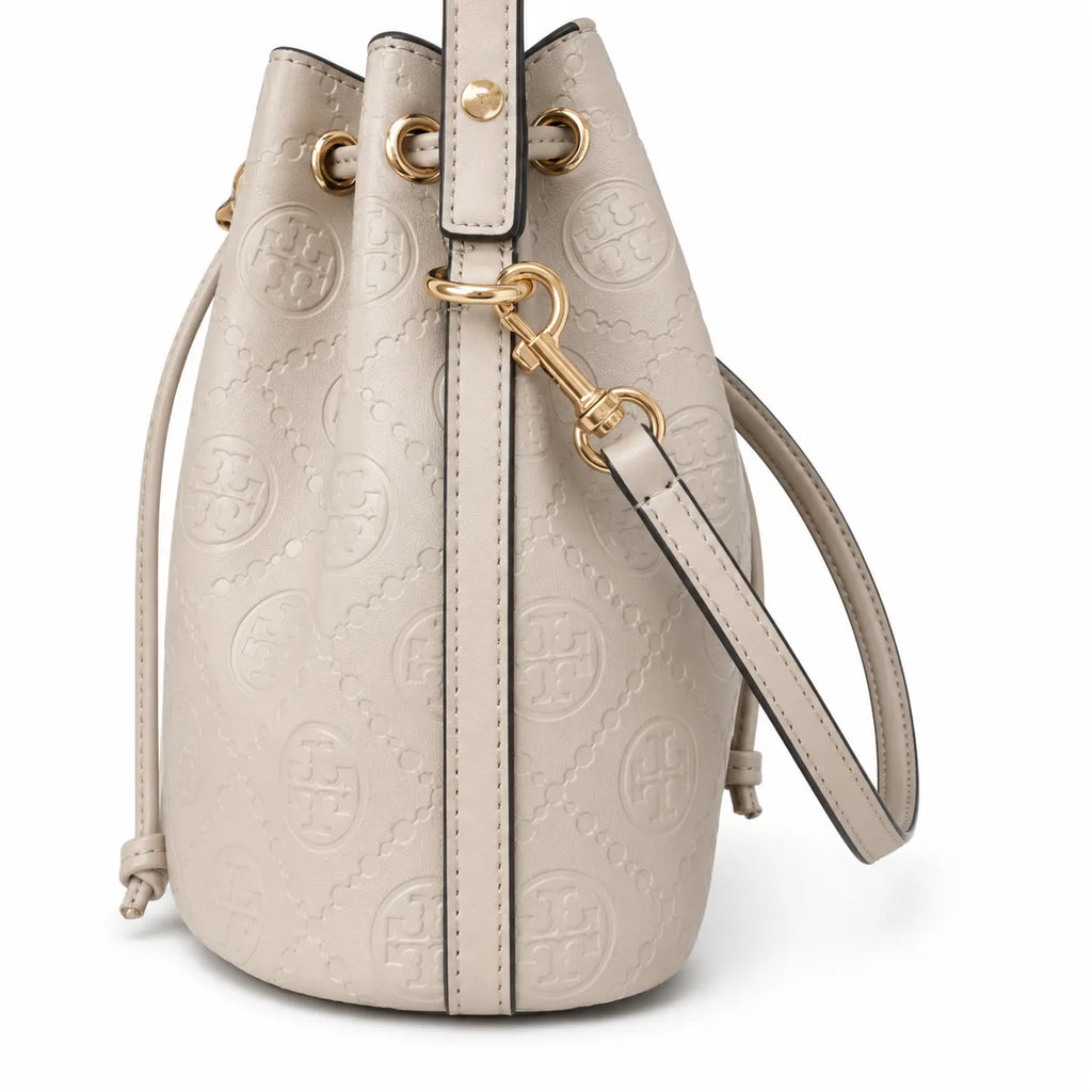Tory Burch T Monogram | Grey-brown embossed logo gold drawstring closure adjustable shoulder strap women's designer handbag