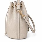 Tory Burch T Monogram | Grey-brown embossed logo gold drawstring closure adjustable shoulder strap women's designer handbag