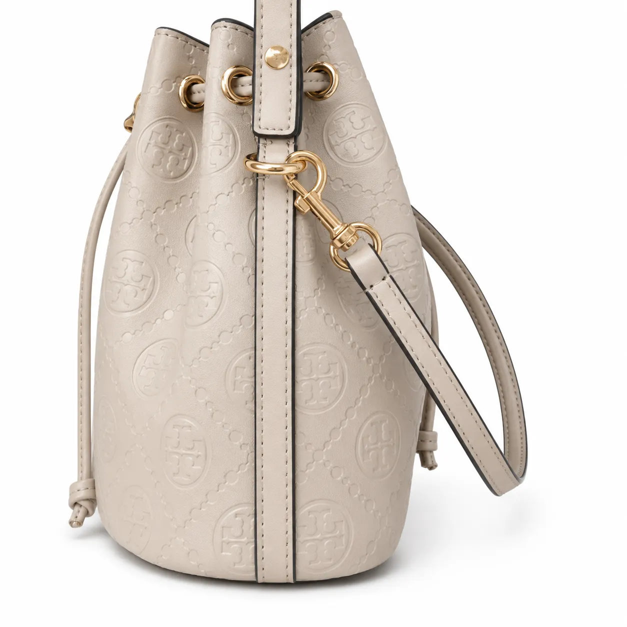 Tory Burch T Monogram | Grey-brown embossed logo gold drawstring closure adjustable shoulder strap women's designer handbag
