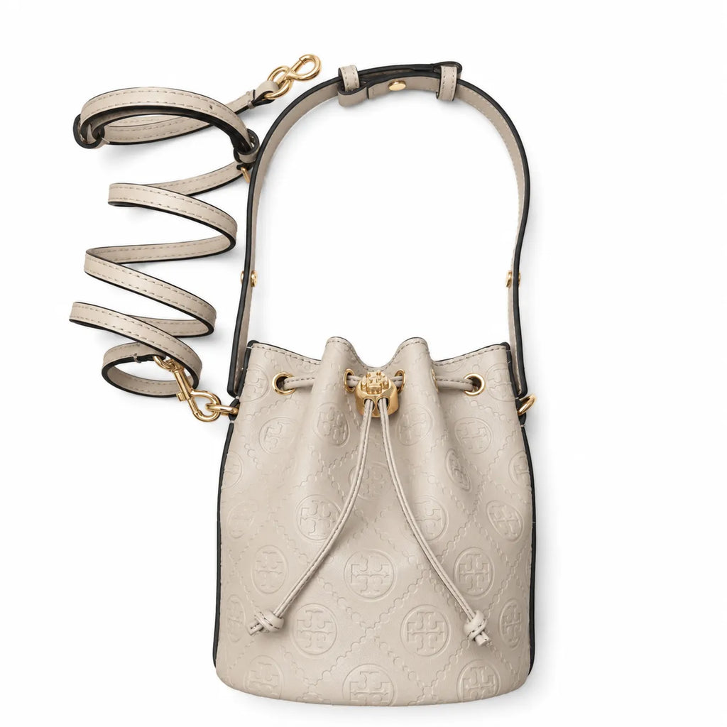 Tory Burch T Monogram | Grey-brown embossed logo gold drawstring closure adjustable shoulder strap women's designer handbag