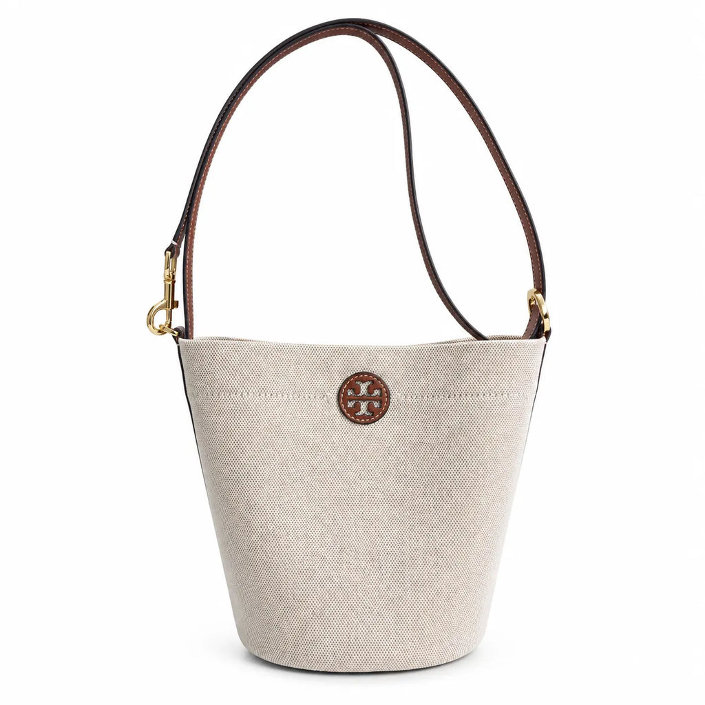 Tory Burch Blake | Off-white woven fabric with brown leather trim  iconic double-T logo   adjustable shoulder strap  women's designer handbag