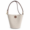 Tory Burch Blake | Off-white woven fabric with brown leather trim  iconic double-T logo   adjustable shoulder strap  women's designer handbag