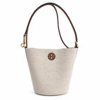 Tory Burch Blake | Off-white woven fabric with brown leather trim  iconic double-T logo   adjustable shoulder strap  women's designer handbag
