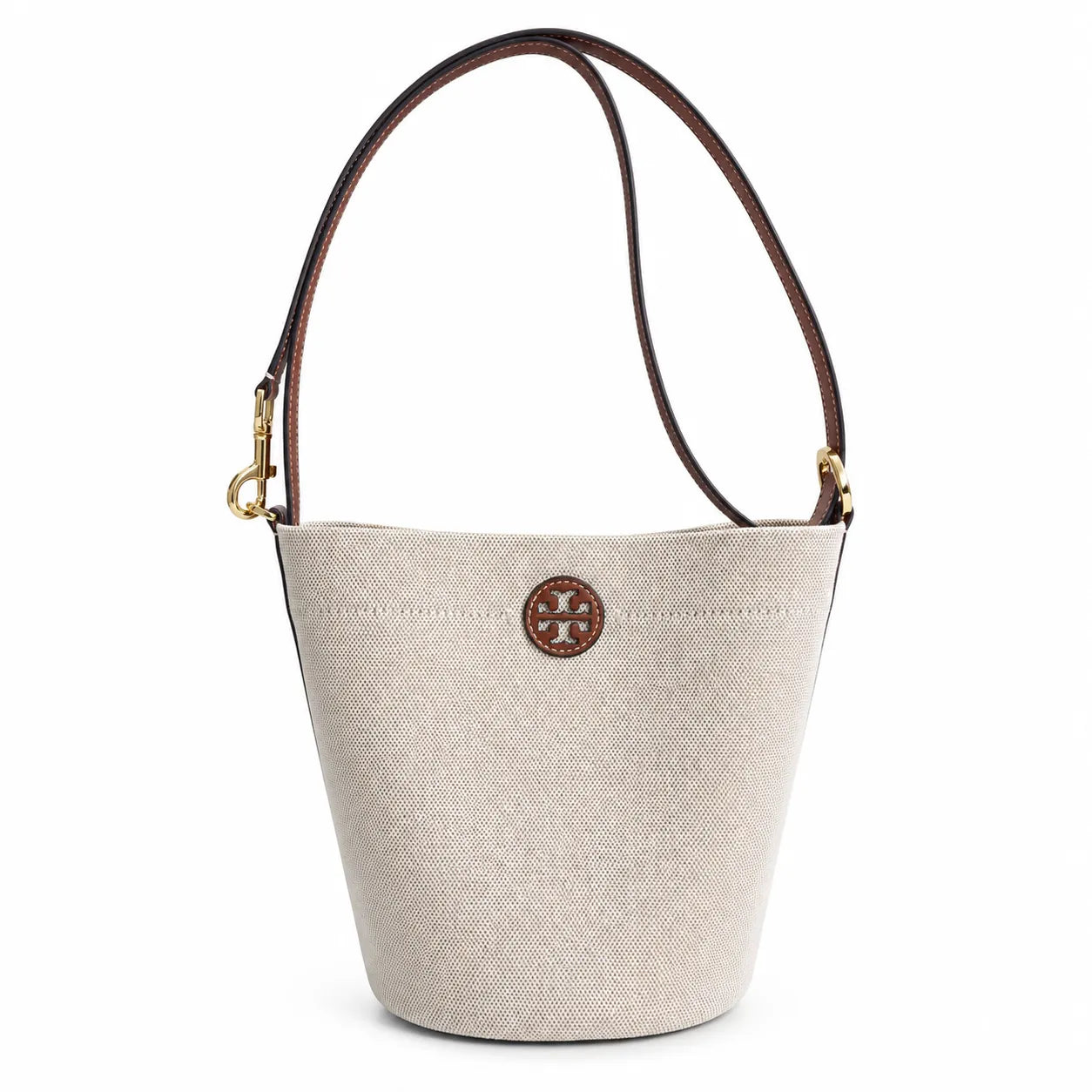 Tory Burch Blake | Off-white woven fabric with brown leather trim  iconic double-T logo   adjustable shoulder strap  women's designer handbag