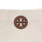 Tory Burch Blake | Off-white woven fabric with brown leather trim  iconic double-T logo   adjustable shoulder strap  women's designer handbag