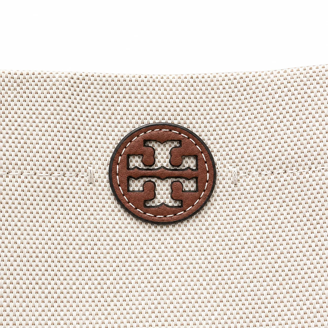 Tory Burch Blake | Off-white woven fabric with brown leather trim  iconic double-T logo   adjustable shoulder strap  women's designer handbag