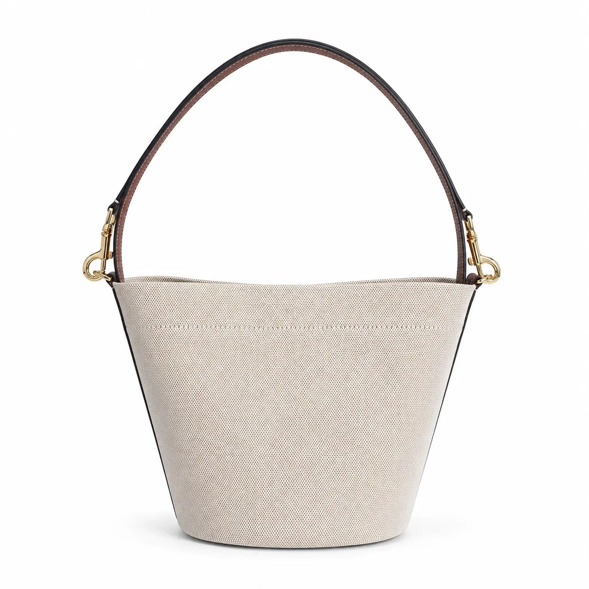 Tory Burch Blake | Off-white woven fabric with brown leather trim  iconic double-T logo   adjustable shoulder strap  women's designer handbag