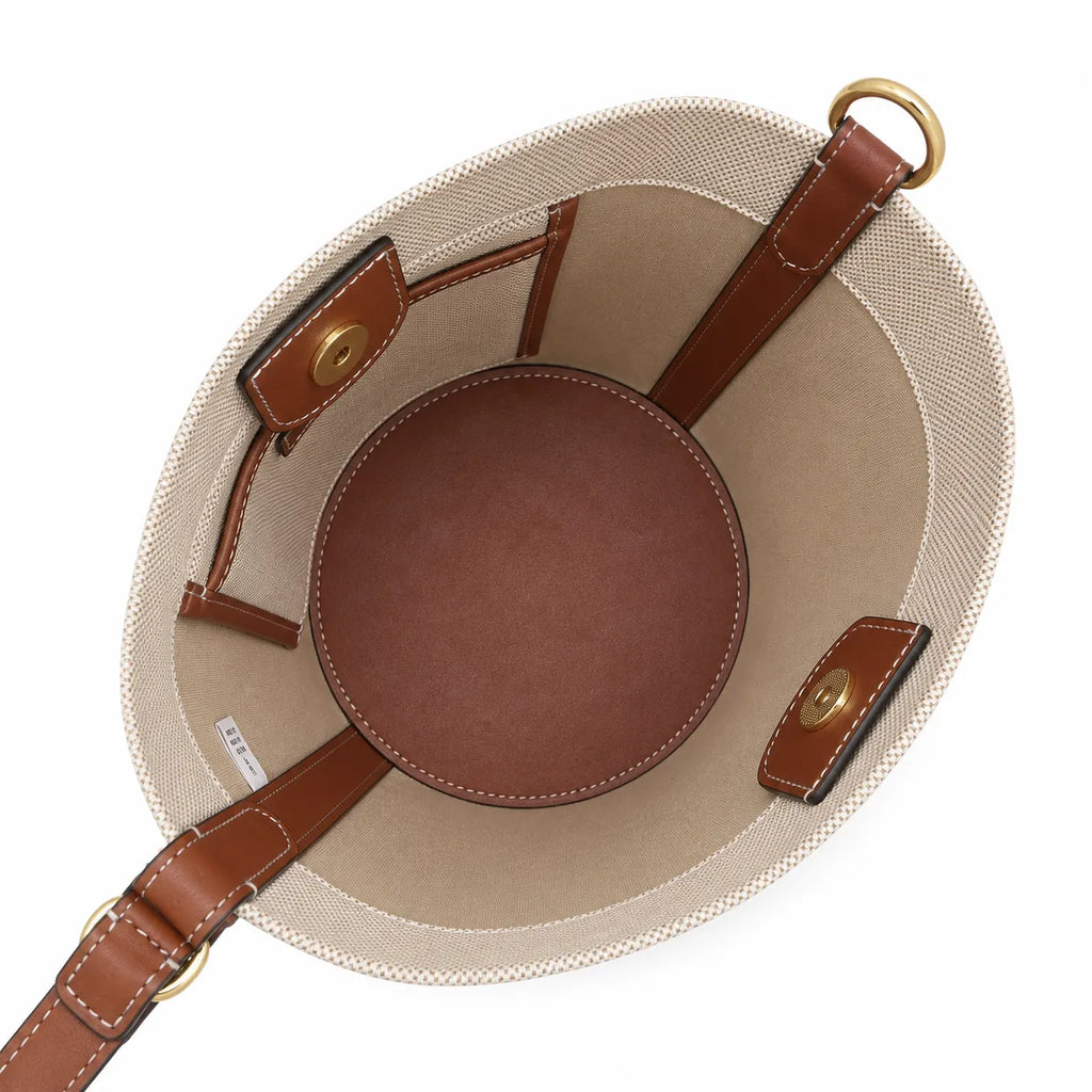 Tory Burch Blake | Off-white woven fabric with brown leather trim  iconic double-T logo   adjustable shoulder strap  women's designer handbag