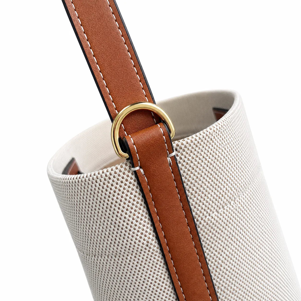 Tory Burch Blake | Off-white woven fabric with brown leather trim  iconic double-T logo   adjustable shoulder strap  women's designer handbag