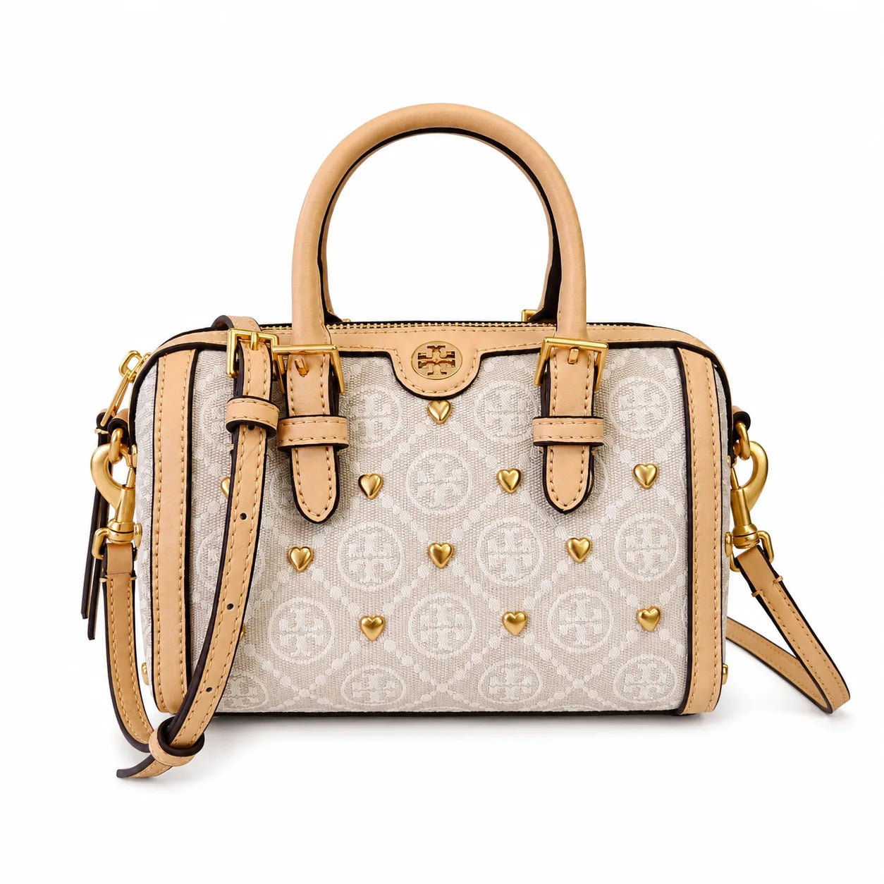 Tory Burch T Monogram | Ivory canvas with tan leather trim  gold heart studs and double T logo adjustable shoulder strap   women's designer handbag
