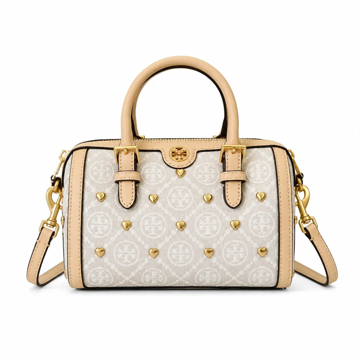 Tory Burch T Monogram | Ivory canvas with tan leather trim  gold heart studs and double T logo adjustable shoulder strap   women's designer handbag