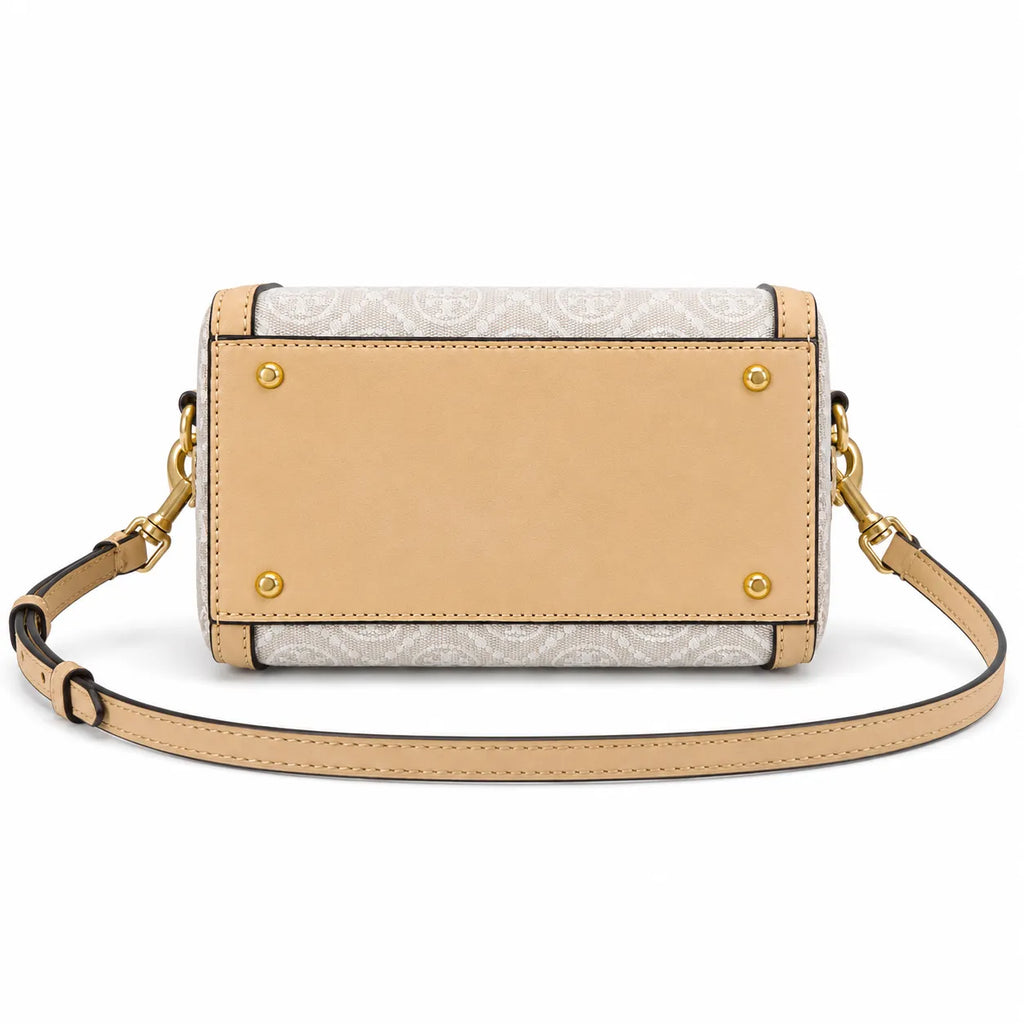 Tory Burch T Monogram | Ivory canvas with tan leather trim  gold heart studs and double T logo adjustable shoulder strap   women's designer handbag