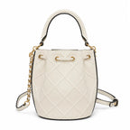 Tory Burch Fleming | Off-white lambskin quilted design drawstring closure detachable chain shoulder strap  women's designer handbag