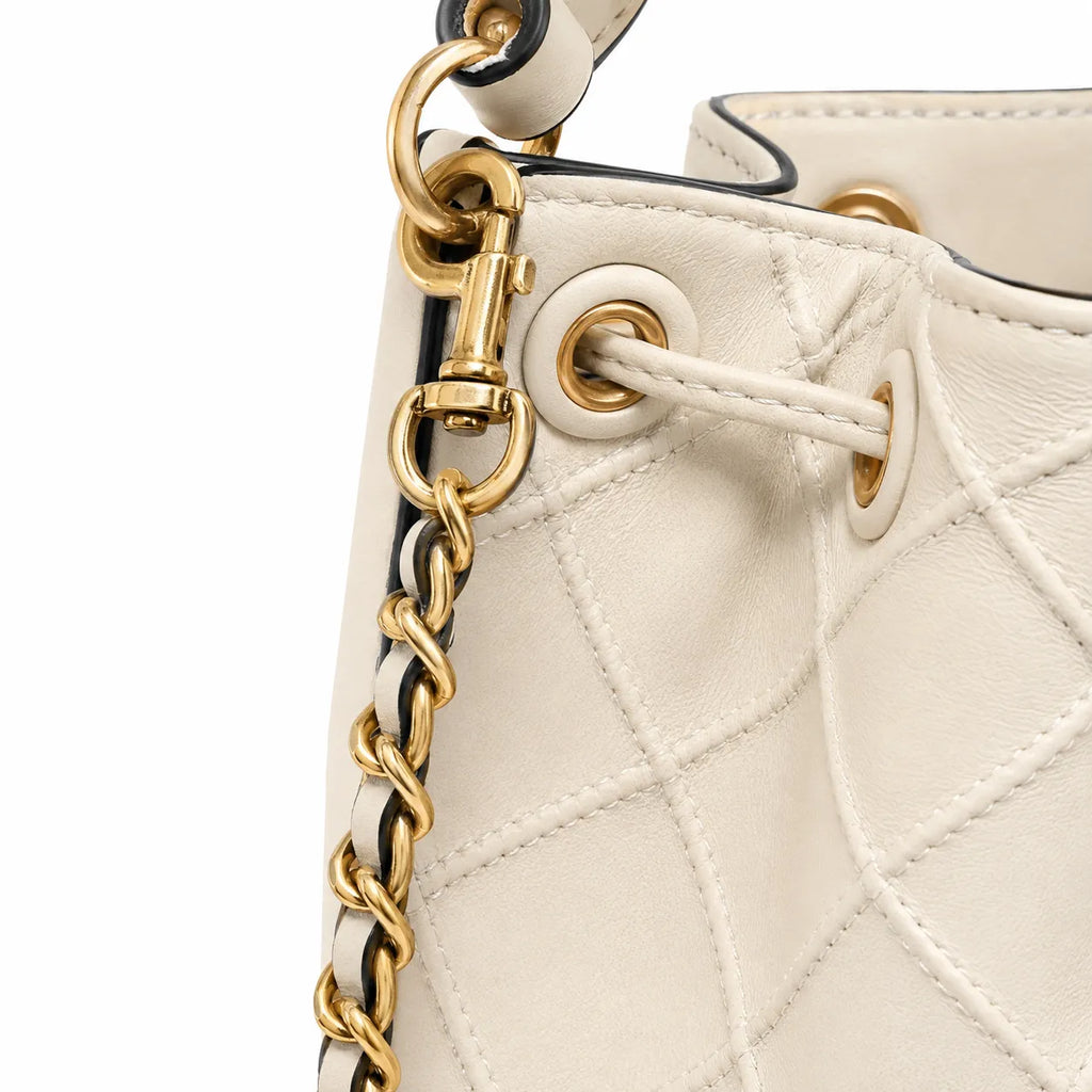 Tory Burch Fleming | Off-white lambskin quilted design drawstring closure detachable chain shoulder strap  women's designer handbag