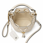 Tory Burch Fleming | Off-white lambskin quilted design drawstring closure detachable chain shoulder strap  women's designer handbag