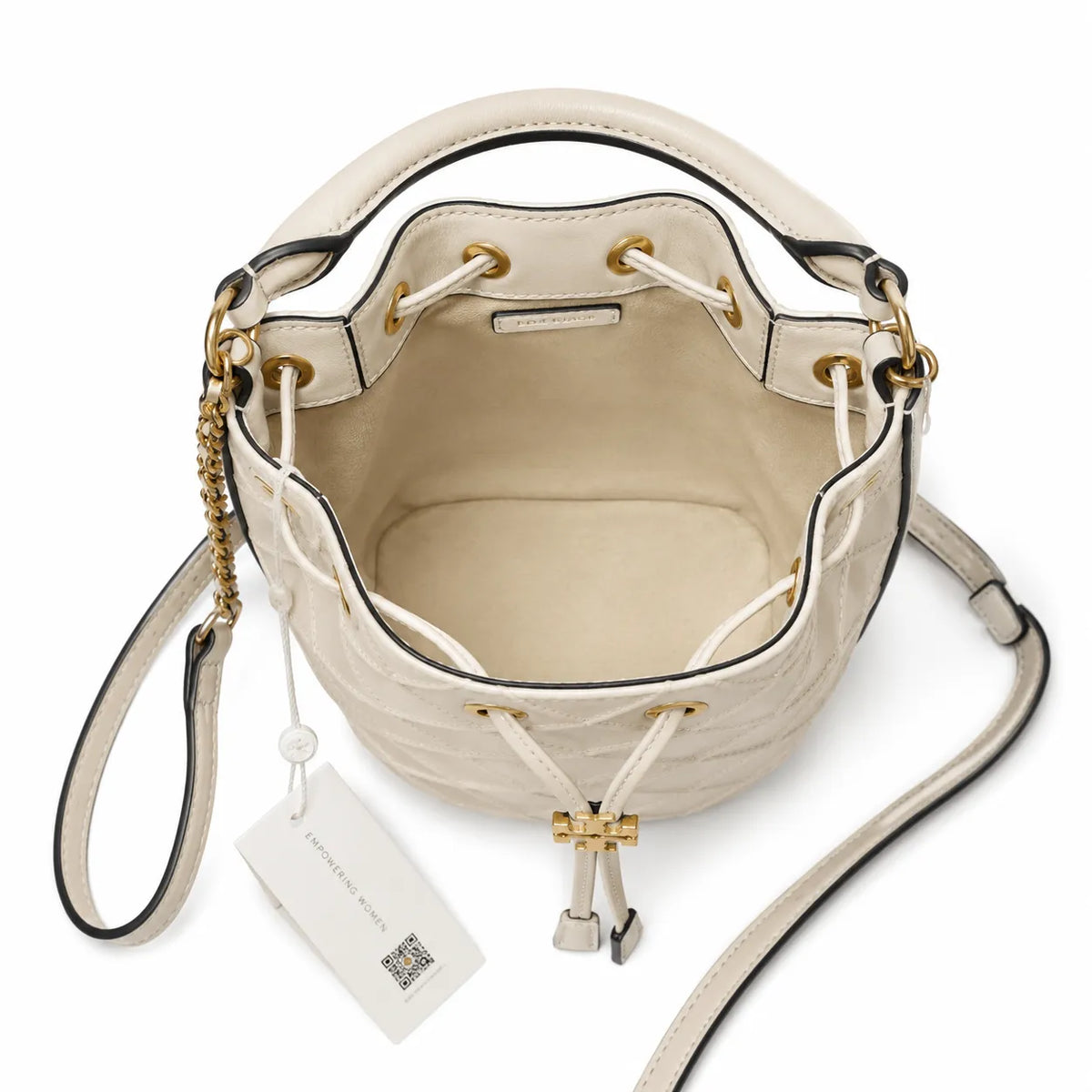 Tory Burch Fleming | Off-white lambskin quilted design drawstring closure detachable chain shoulder strap  women's designer handbag