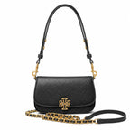 Tory Burch Britten | Black pebbled leather detachable chain and leather shoulder strap multiple carrying options  women's designer handbag