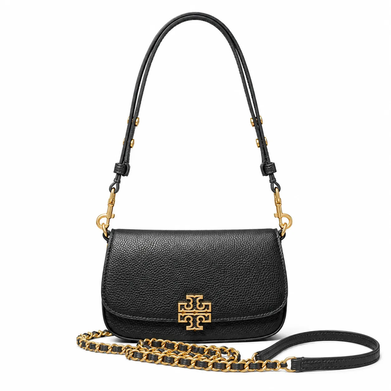 Tory Burch Britten | Black pebbled leather detachable chain and leather shoulder strap multiple carrying options  women's designer handbag